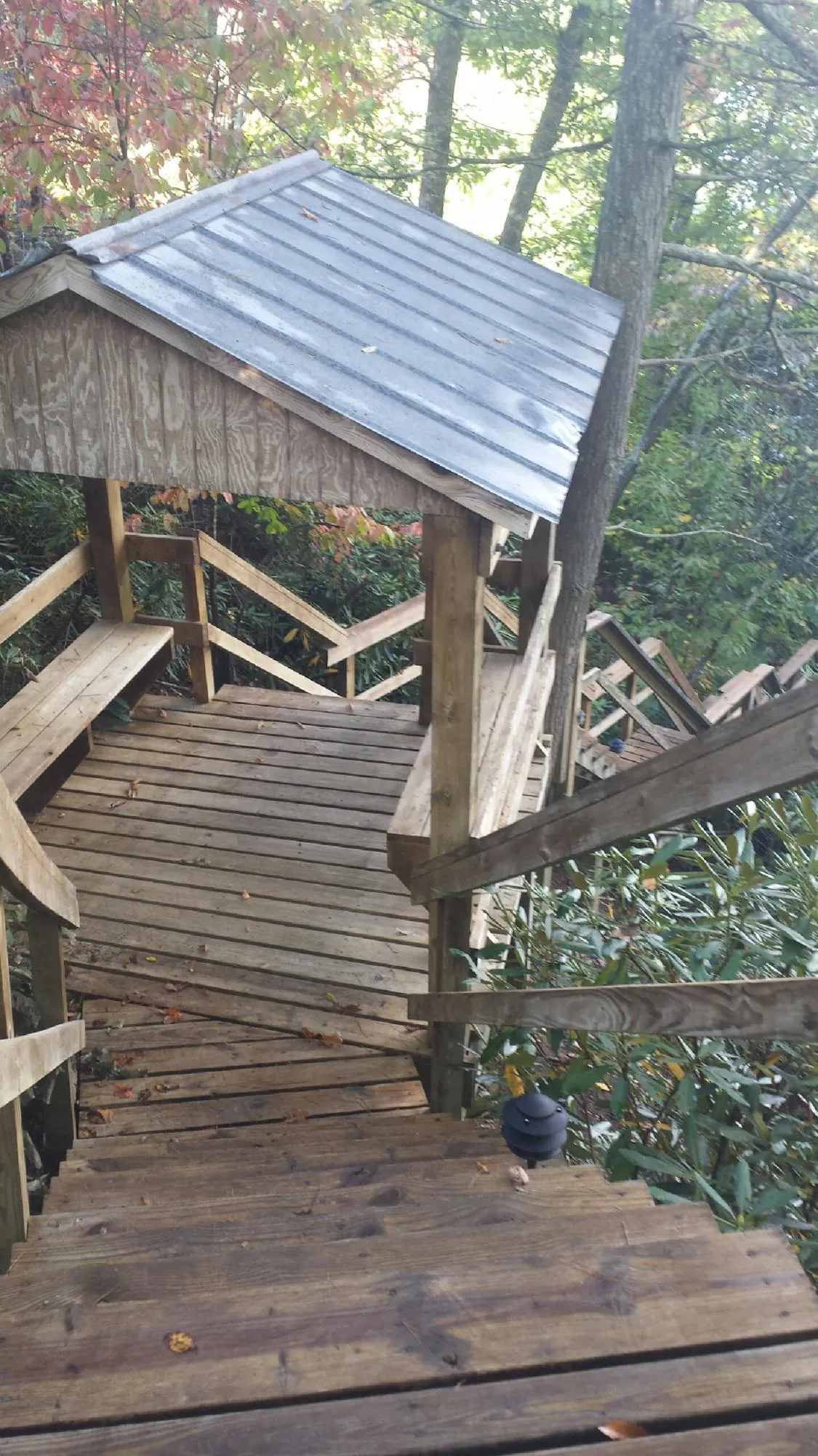 Metal roofed shelter over wooden steps on a wooded walkway — Skylight Repair & Installation work by our crew in Hensley